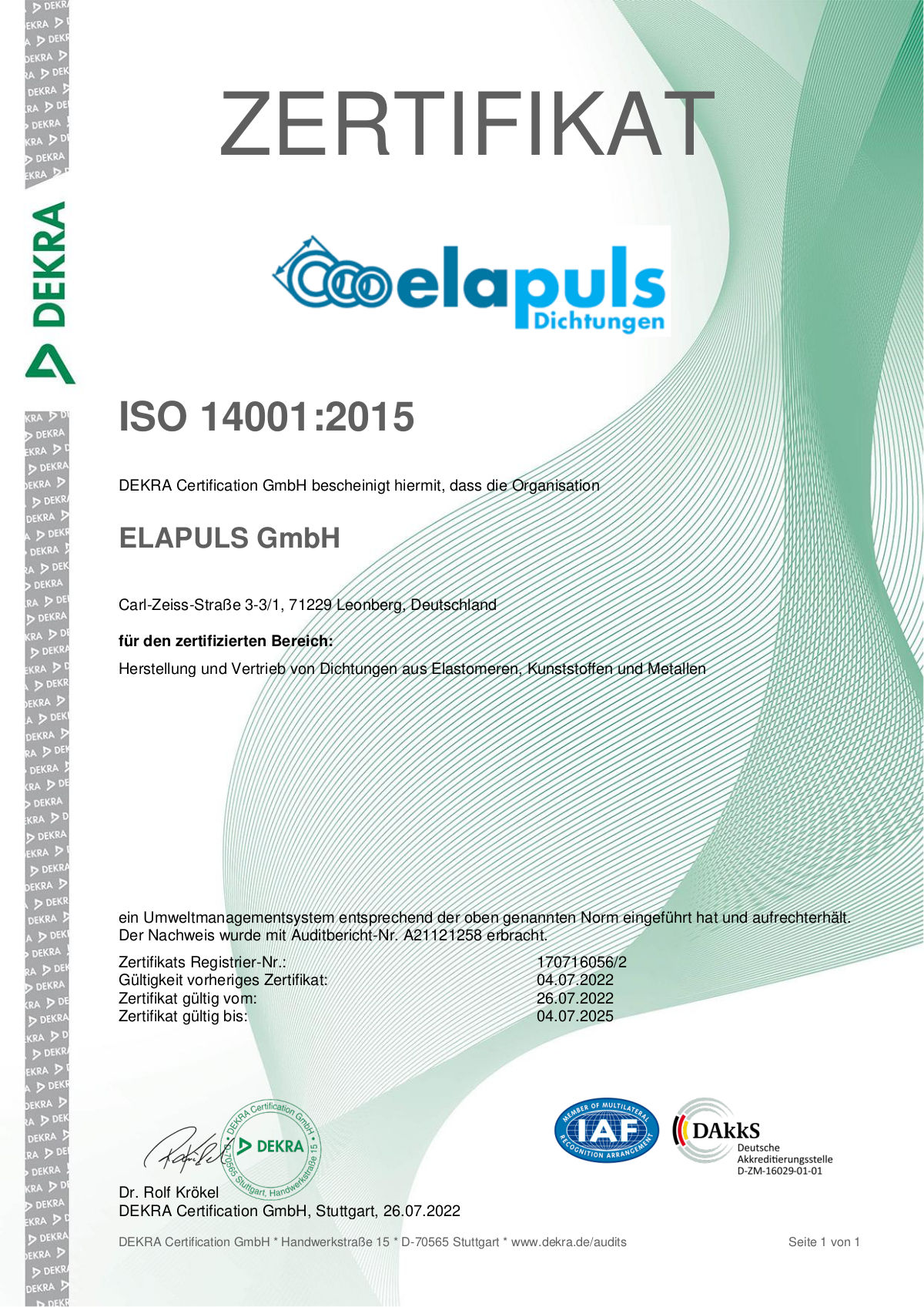 Elapuls Zertifikat ISO 14001